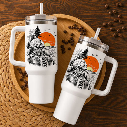 Anatomical Skeleton Sunset Tumbler 40oz with Handle and Straw, Vintage Mountain Gothic Gift for Men Women