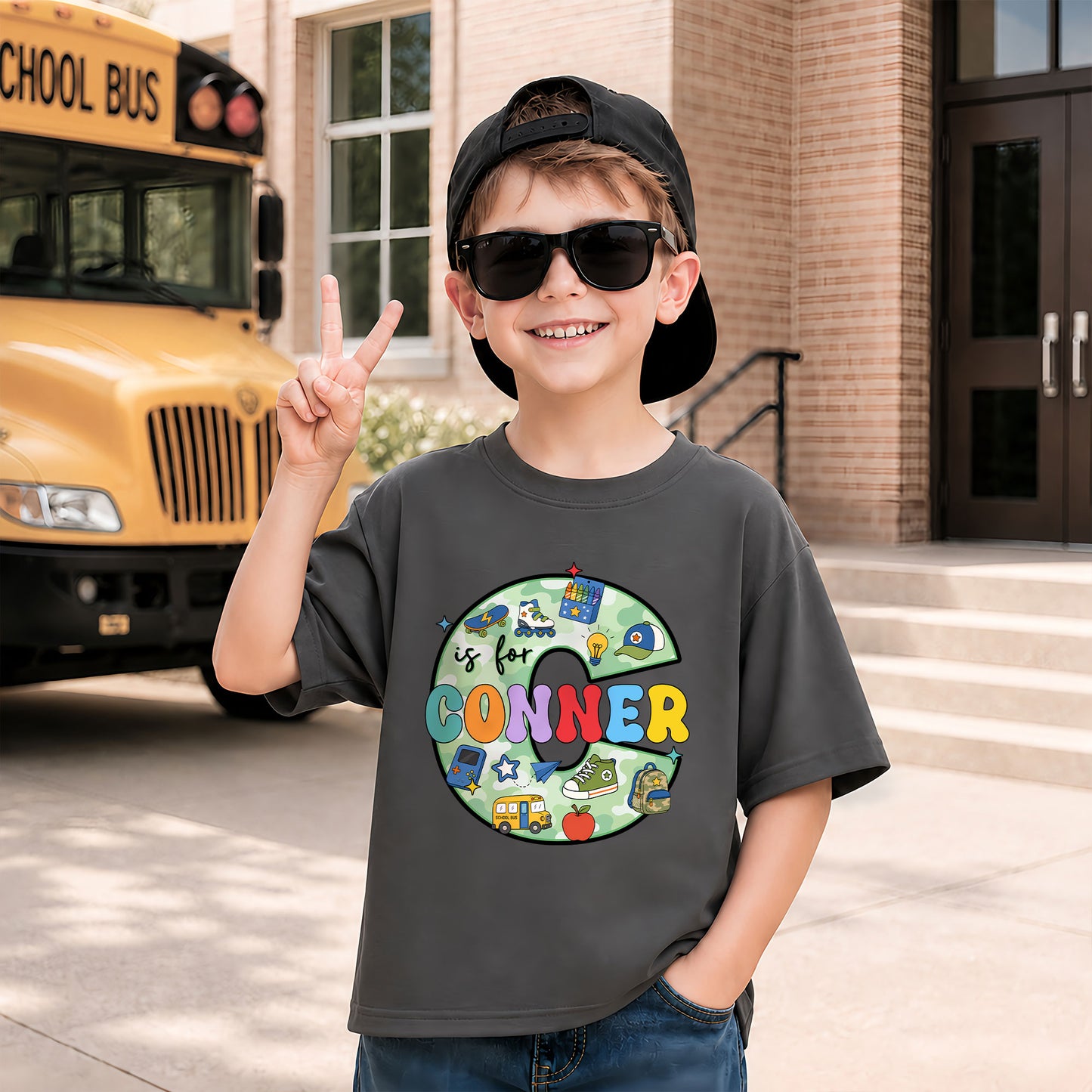 Camo Alphabet School Shirt - Custom Name & Grade Kids T-Shirt - Back To School Gift for Boys