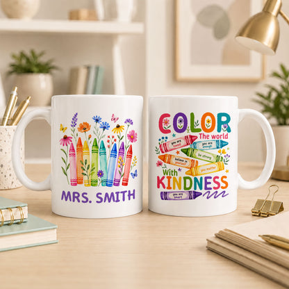 Back To School - Personalized Teacher Mug - Color The World With Kindness - Custom Name Coffee Mug, Appreciation Gift for Teachers