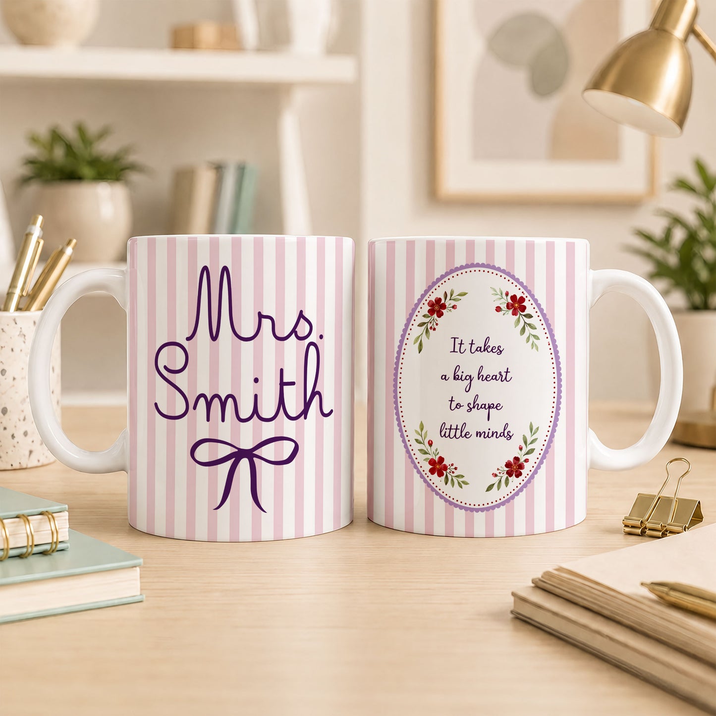 Back To School - Personalized Teacher Mug - ItTakes a Big Heart To Teach Little Minds - Custom Name Striped Coquette Mug,Teacher Appreciation Gift