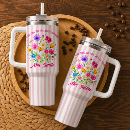 Personalized 40oz Teacher Tumbler with Handle & Straw – Custom Floral Teacher Gift for Back to School, First Day of School & Teacher Appreciation