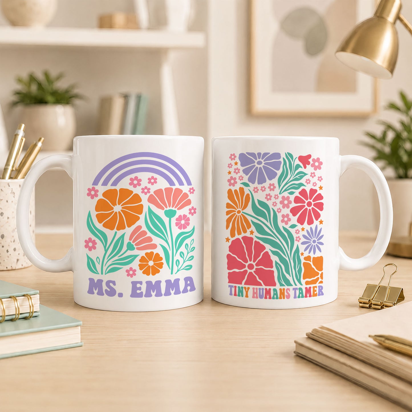 Boho Floral Teacher Mug - Tiny Humans Tamer - Custom Teacher Name Coffee Mug - Teacher Back To School Gift