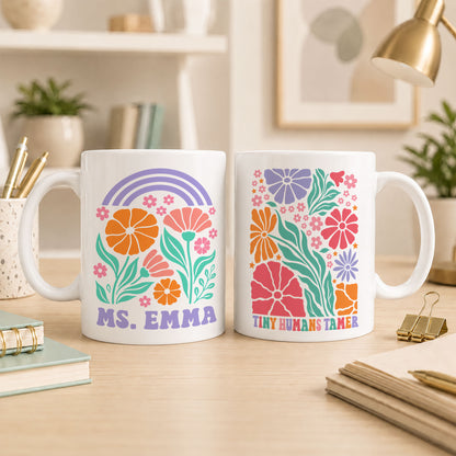 Boho Floral Teacher Mug - Tiny Humans Tamer - Custom Teacher Name Coffee Mug - Teacher Back To School Gift