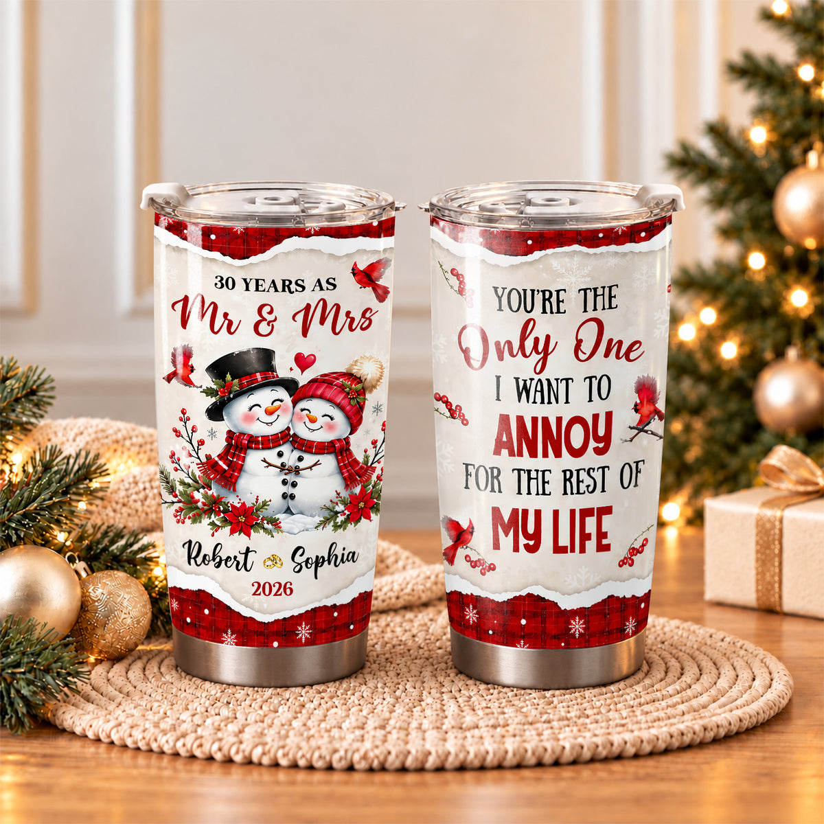 Personalized Snowman Couple Christmas Tumbler, Custom Names Anniversary Gift for Couples
