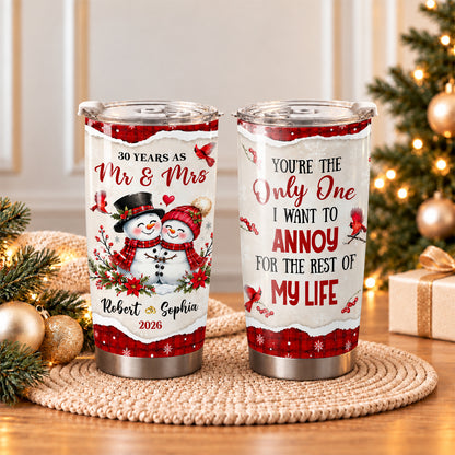 Personalized Snowman Couple Christmas Tumbler, Custom Names Anniversary Gift for Couples