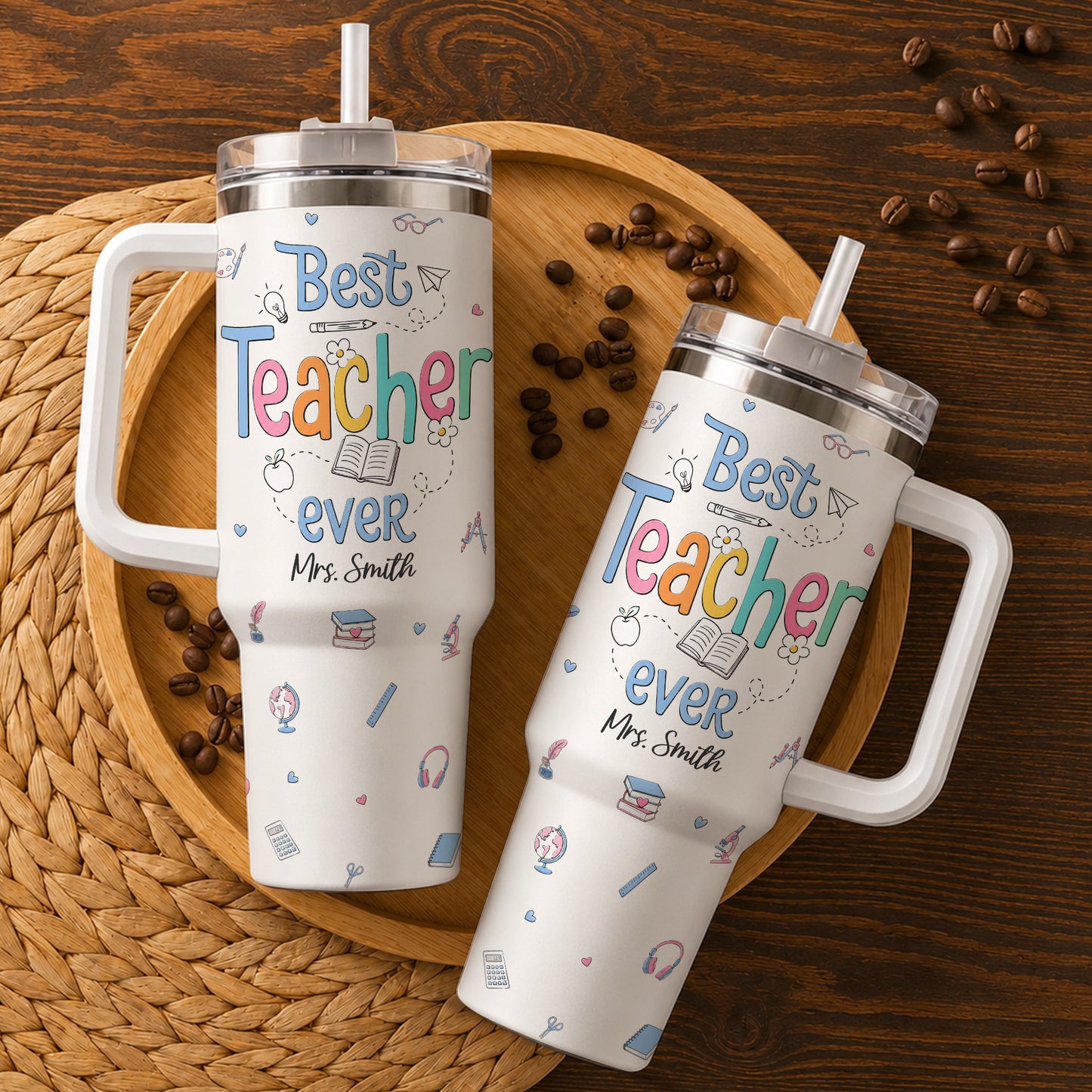 Personalized 40oz Teacher Tumbler with Handle & Straw – Custom Name Insulated Travel Mug for Back to School, Teacher Appreciation & First Day of School Gift