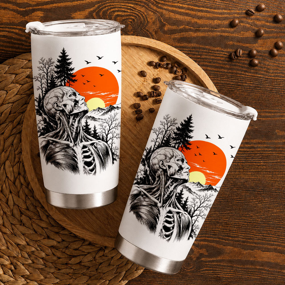 Anatomical Skeleton Sunset Tumbler 20oz, Vintage Mountain Travel Cup, Gothic Gift for Men Women