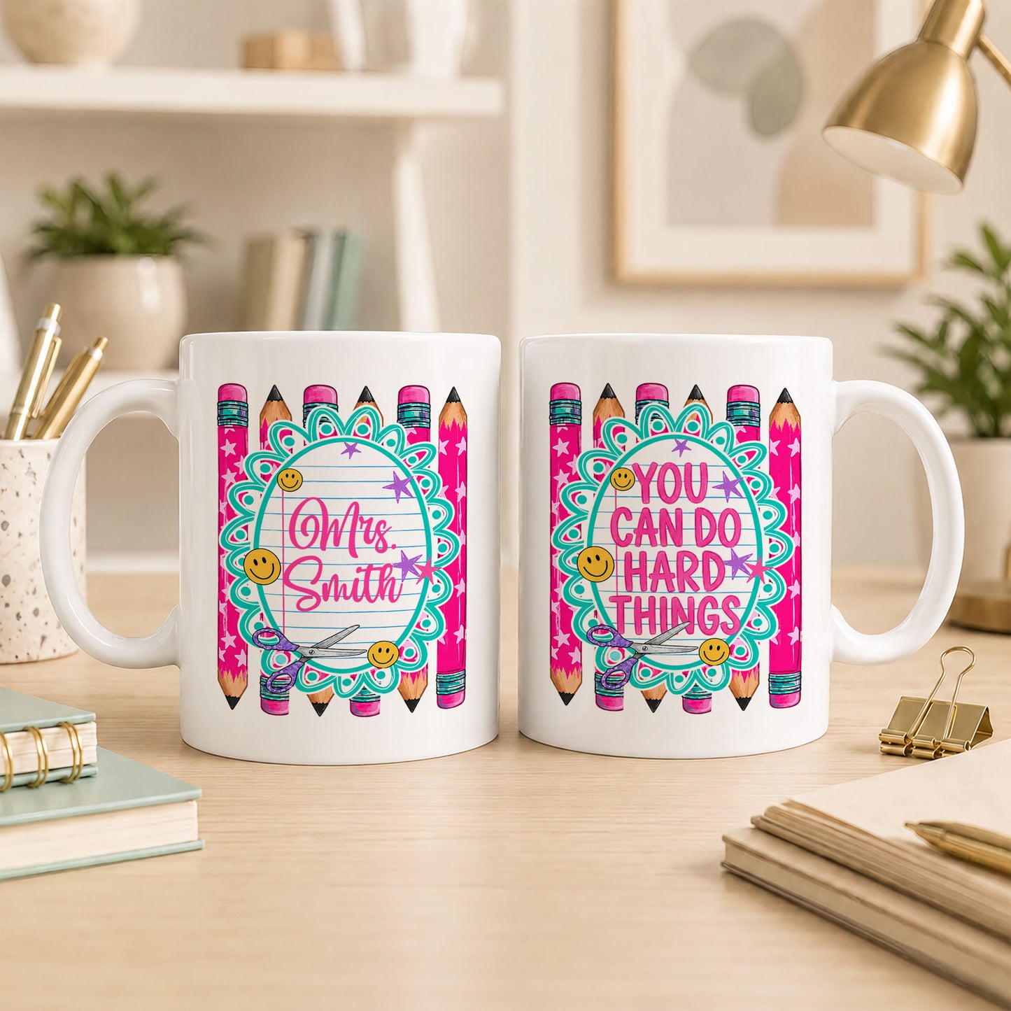 Personalized Teacher Student Coffee Mug with Custom Name, You Can Do Hard Things Mug, Striped Color School Gift, Back to School Cup