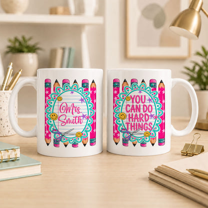Personalized Teacher Student Coffee Mug with Custom Name, You Can Do Hard Things Mug, Striped Color School Gift, Back to School Cup