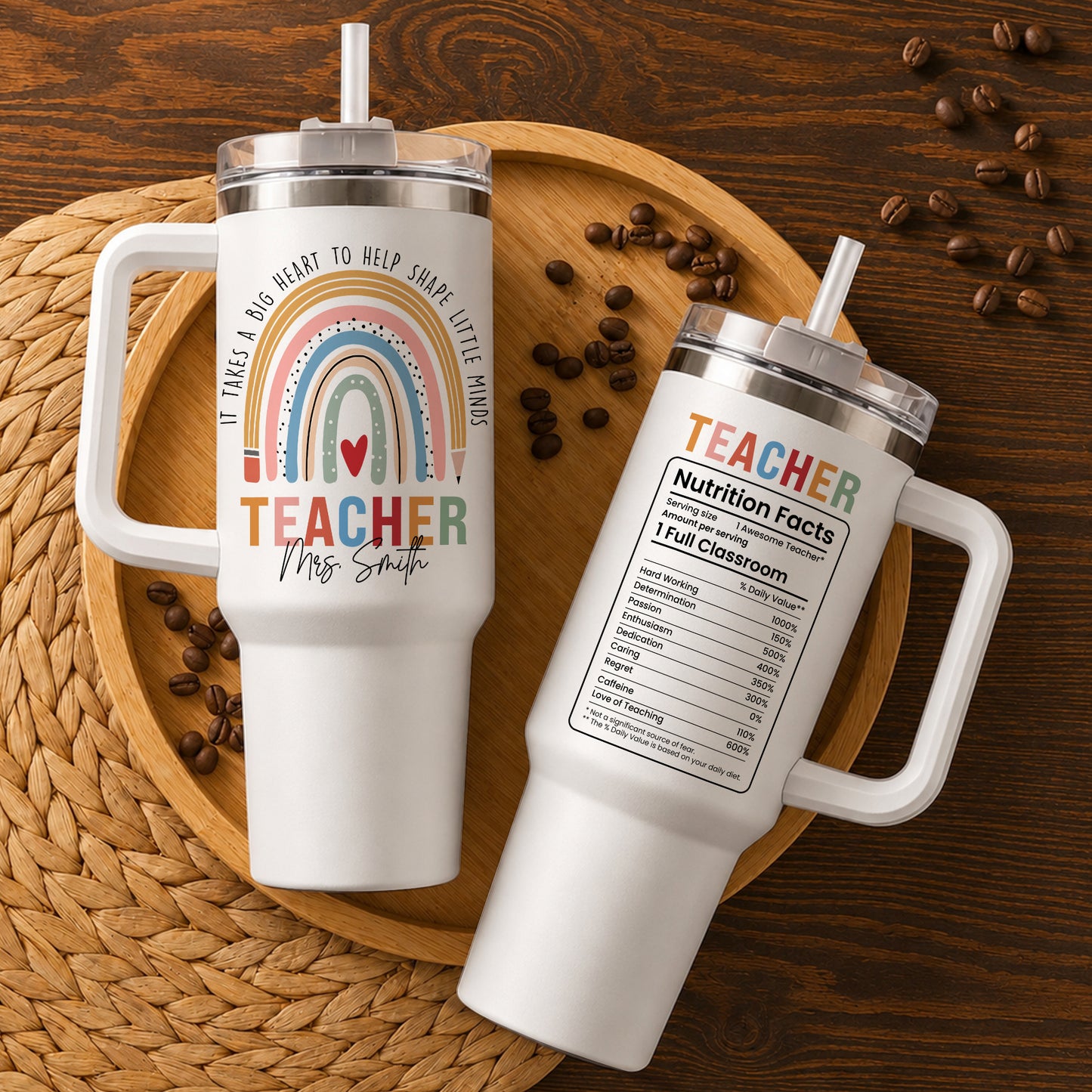 Personalized Teacher Tumbler with Handle - Custom Teacher Name Gift - Rainbow School Travel Cup with Straw - Appreciation Gift for Teachers