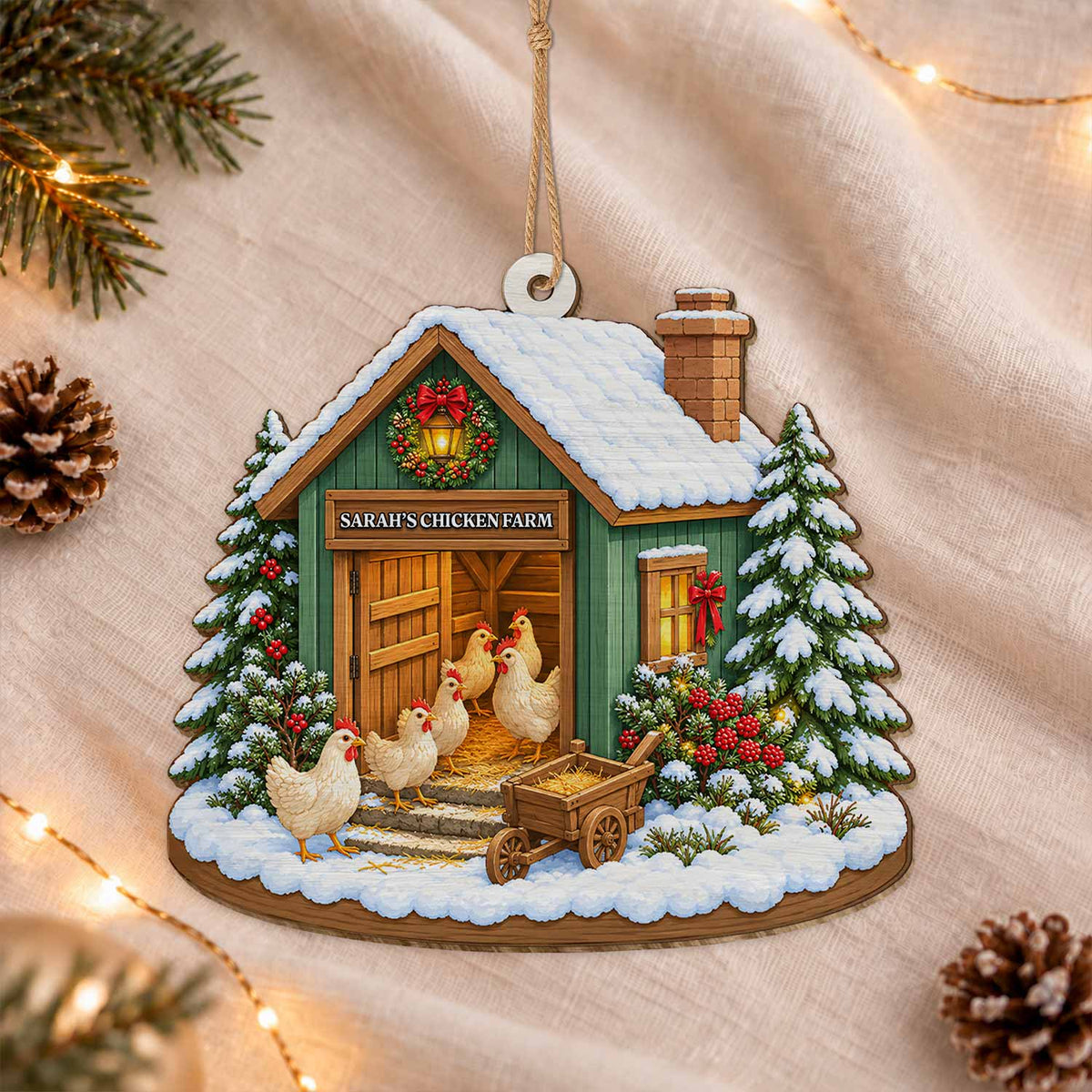 Personalized Custom Shape Wood Ornament - Custom Kid Name Chicken Farm Ornament - Farmhouse Holiday Keepsake