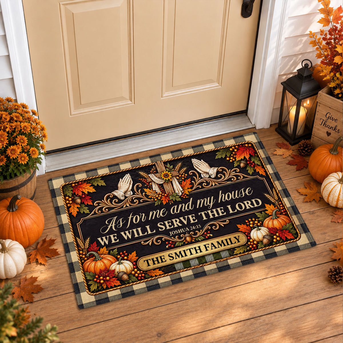 Personalized Thanksgiving Door Mat - Serving The Lord Family Mat - Christian Fall Home Decor