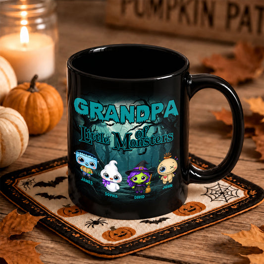 Personalized Halloween Black Mug - Grandpa of Little Monsters Mug - Cute Grandparents, Parents Coffee Cup, Halloween Family Gift