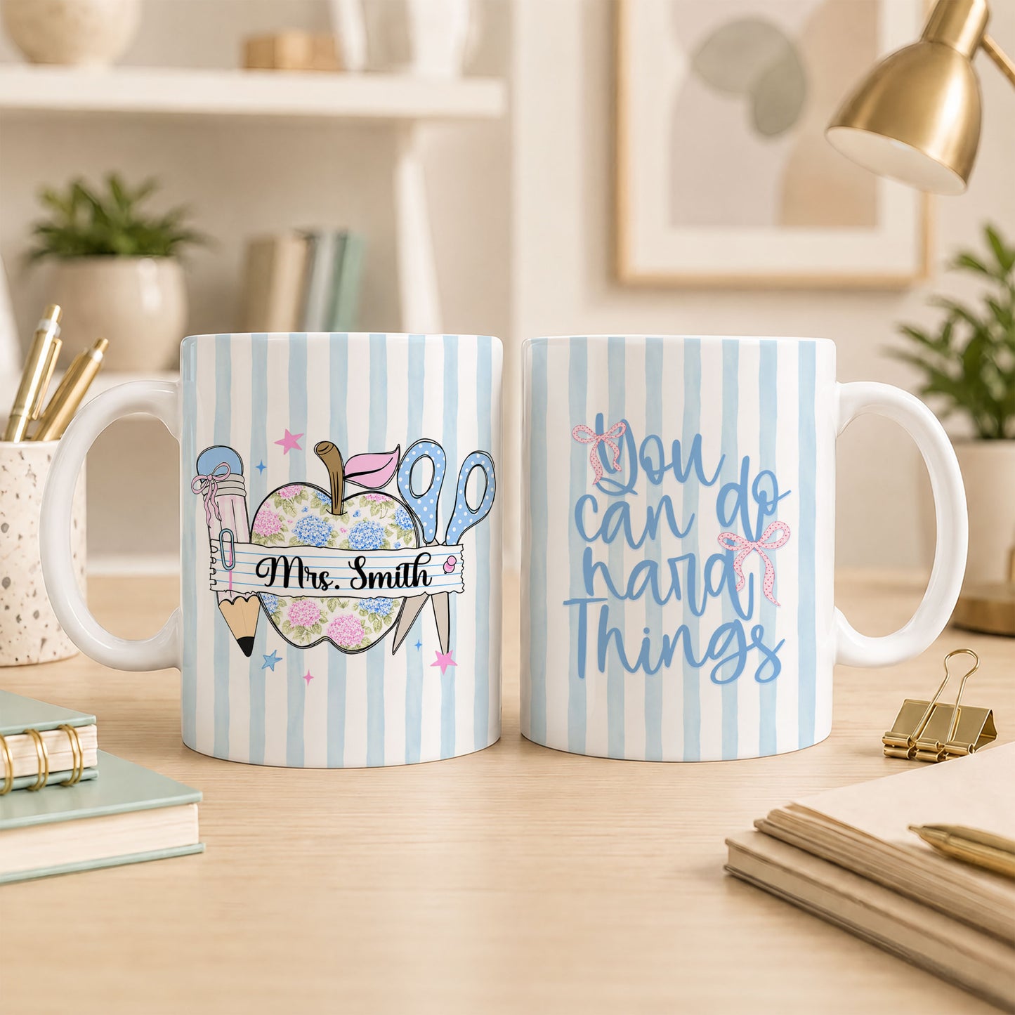 Personalized Teacher Student Coffee Mug with Custom Name, You Can Do Hard Things Mug, Striped Color School Gift, Back to School Cup