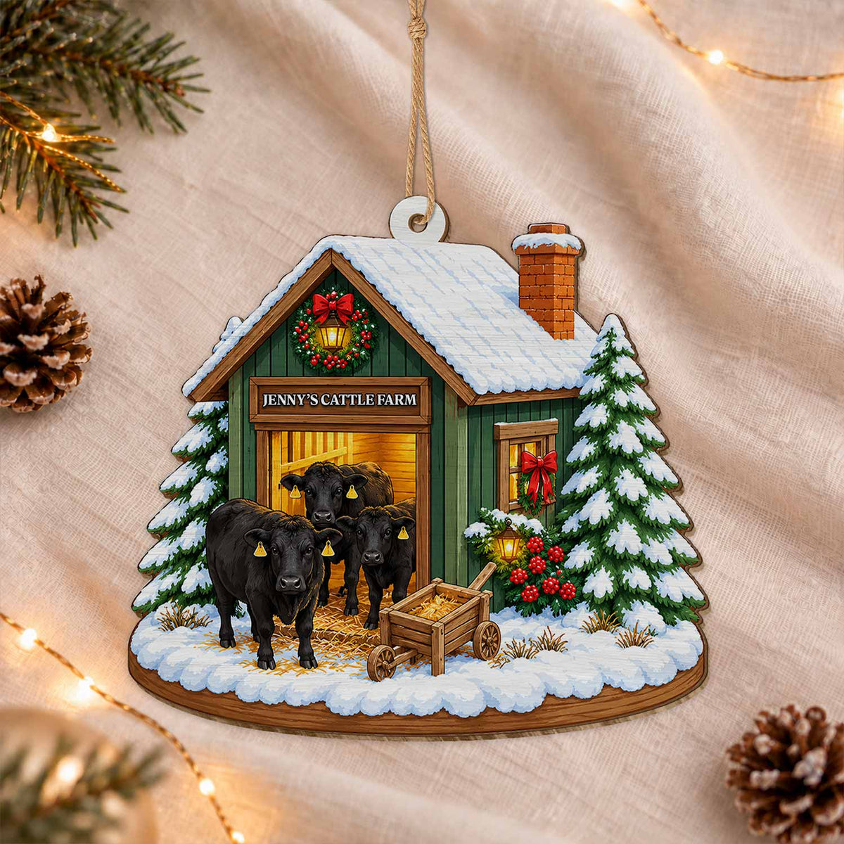 Personalized Custom Shape Wood Ornament - Custom Kid Name Cattle Farm Ornament - Farmhouse Holiday Keepsake
