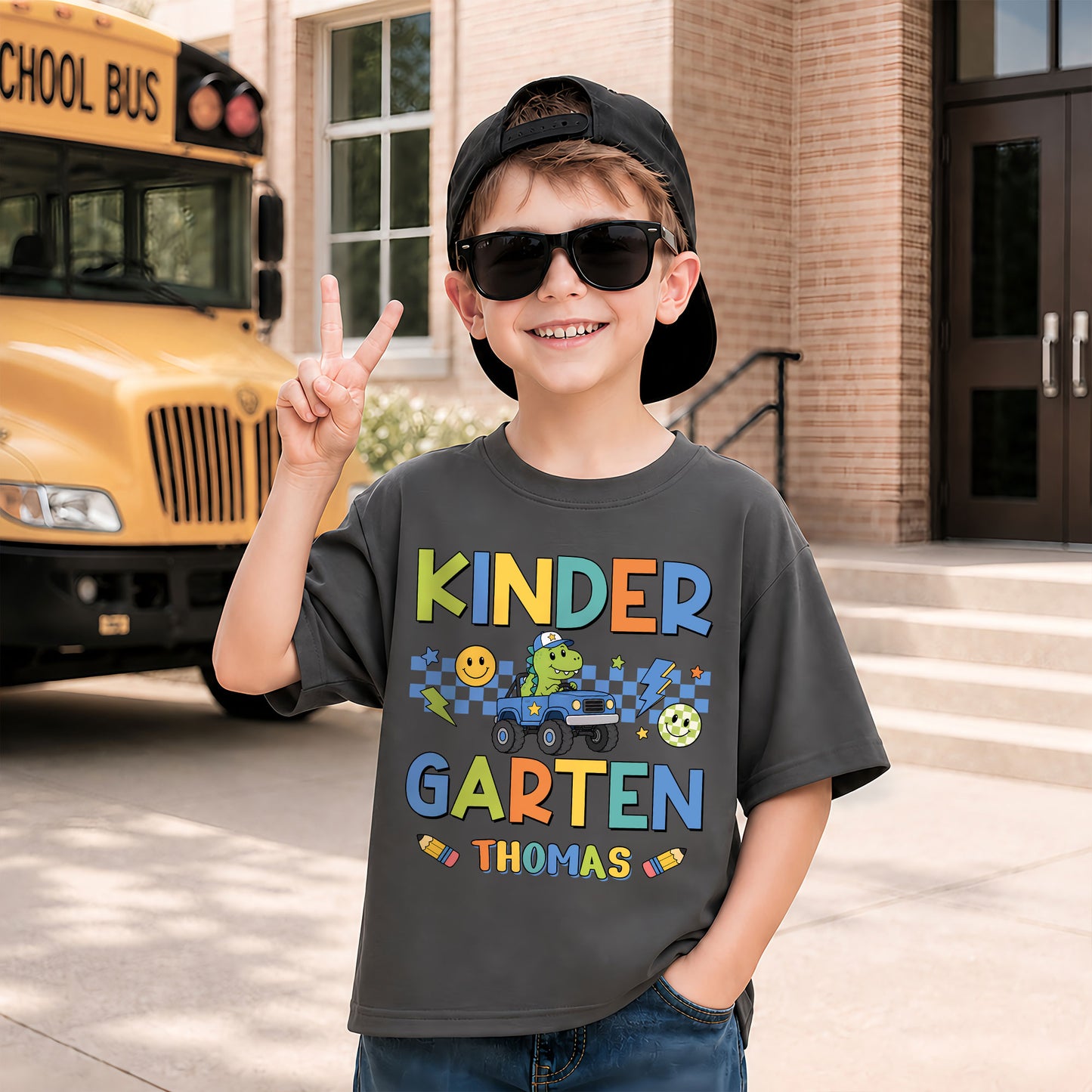 Personalized Dinosaur School Shirt - Custom Name & Grade Kids T-Shirt - Back To School Gift for Boys