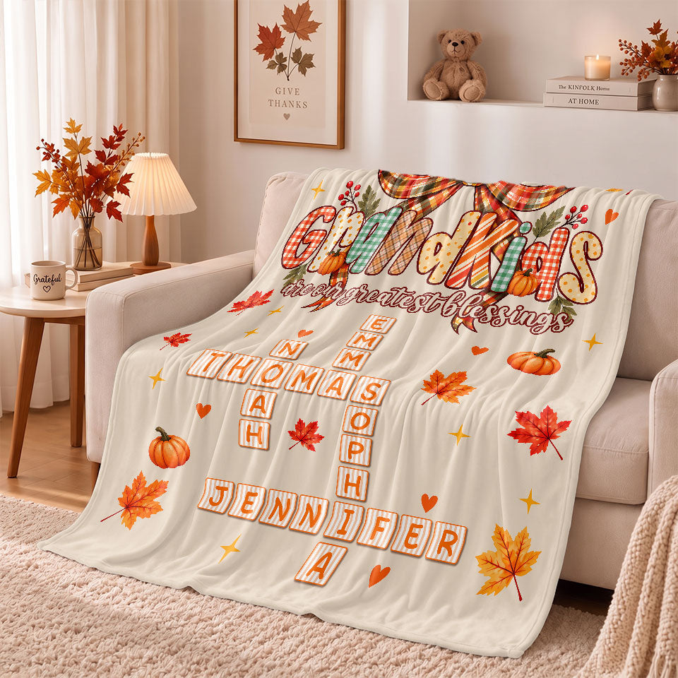Personalized Thanksgiving Blanket - Grandkids are Our Greatest Blessings Crossword Puzzle Art - Gift for Grandparents