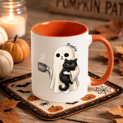 Personalized Halloween Mug, Custom Ghost Cat Coffee Cup, Cute Spooky Mug, Halloween Gift for Cat Lovers