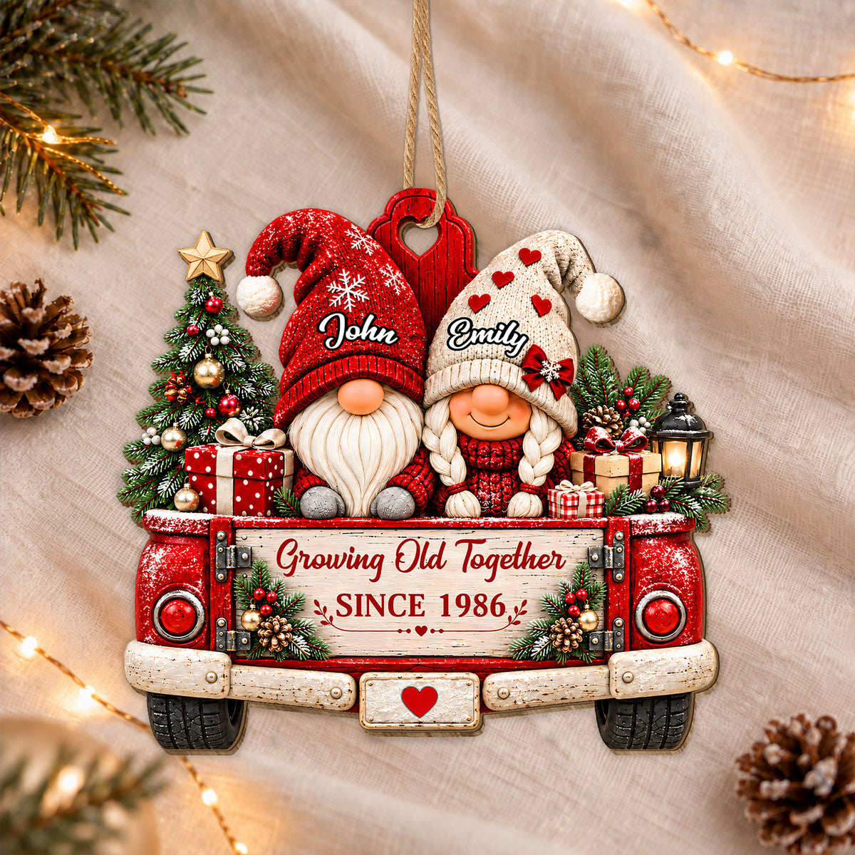 Personalized Custom Shape Wooden Ornament - Gnome Couple Growing Old Together - Christmas Gift for Couples