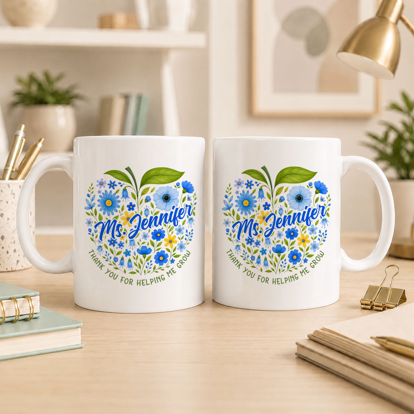 Floral Apple Teacher Mug - Helping Little Minds Grow - Personalized Teacher Ceramic Cup - Back To School Gift for Teachers