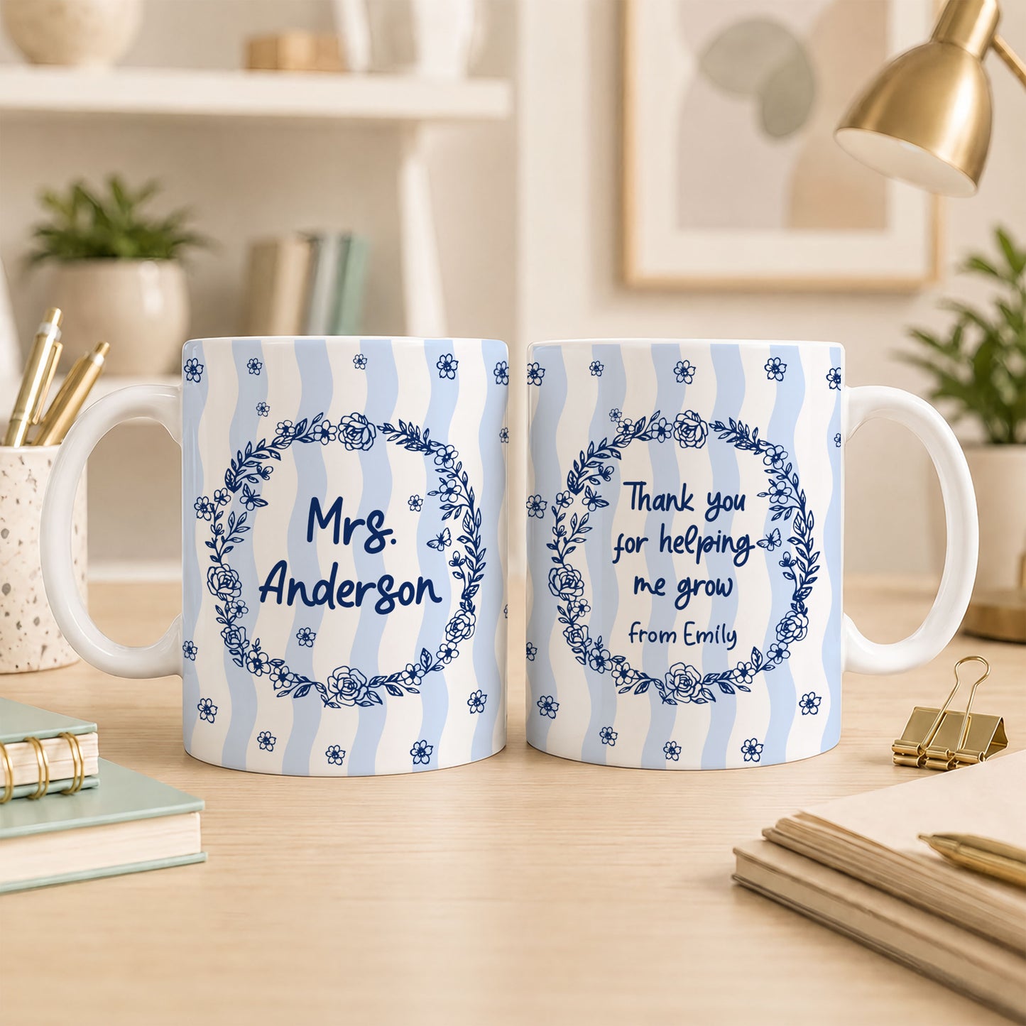 Blue Floral Teacher Mug - Thank You for Helping Me Grow - Custom Teacher Name Coffee Cup - Appreciation Gift for Teachers