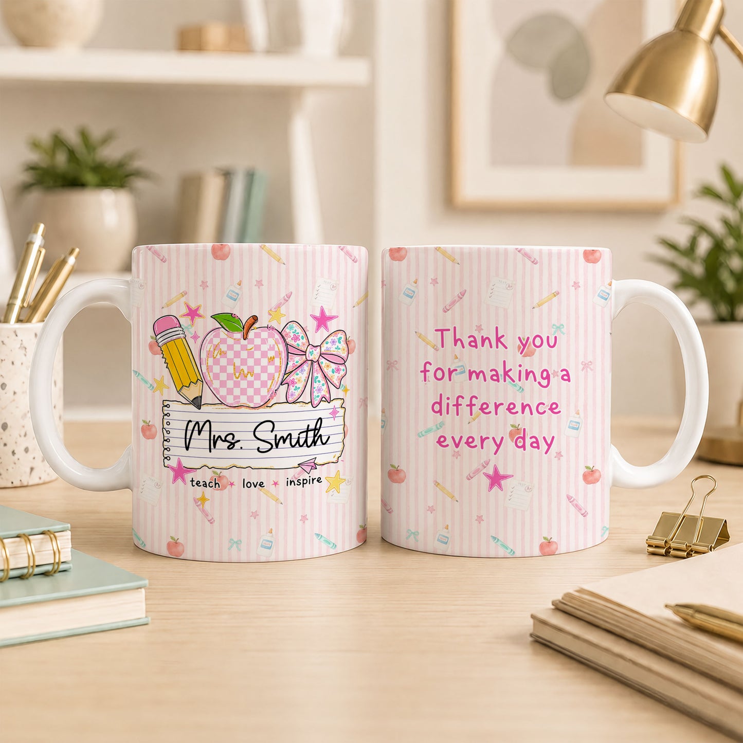 Personalized Teach Love Inspire Teacher Mug with Custom Name, Teacher Appreciation Coffee Mug, Thank You Teacher Gift, Back to School Gift
