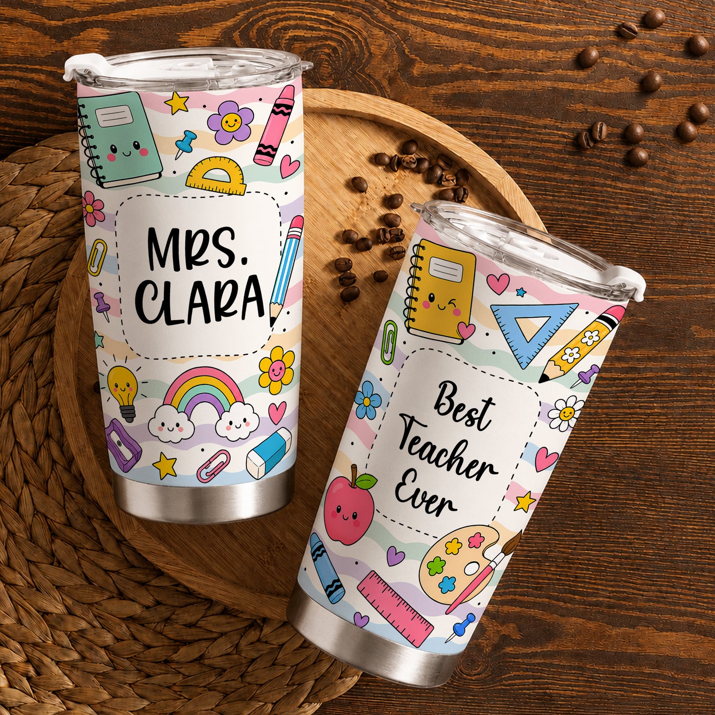 Best Teacher Ever Colorful Tumbler - Custom Teacher Name Travel Mug - Back To School Gift