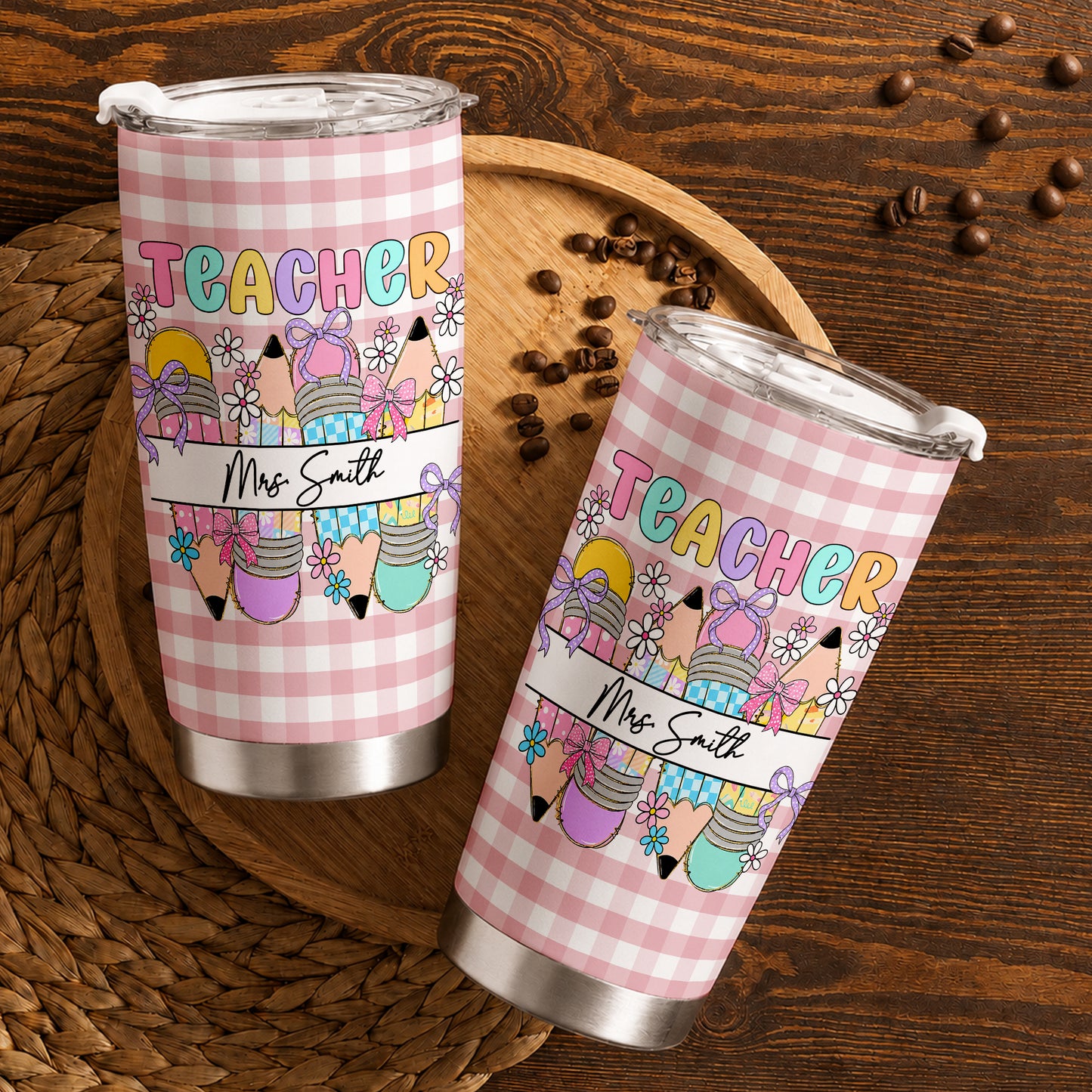 Personalized Teacher Tumbler with Custom Name, Cute Pencil Floral Travel Cup, Teacher Appreciation Gift, Back to School Teacher Gift