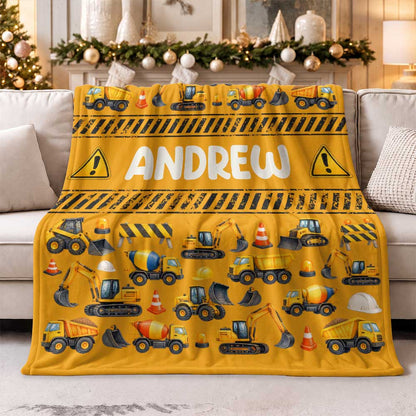 Personalized Constructions Blanket - Custom Kid Name Construction Trucks Blanket - Christmas Birthday Gift for Kids, Sons