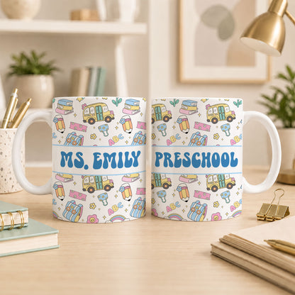 Colorful Groovy Pattern Teacher Mug - Custom Teacher Name & Grade Coffee Cup - Back To School Gift for Teachers