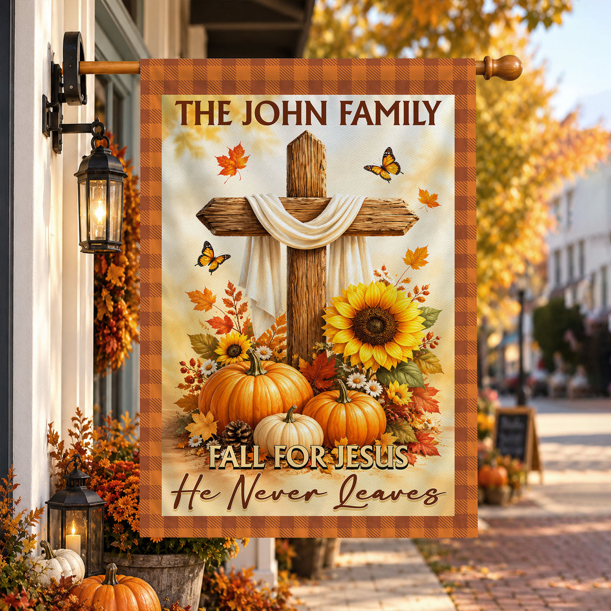 Personalized Thanksgiving Garden Flag - Fall for Jesus He Never Leaves - Custom Family Name Yard Decor