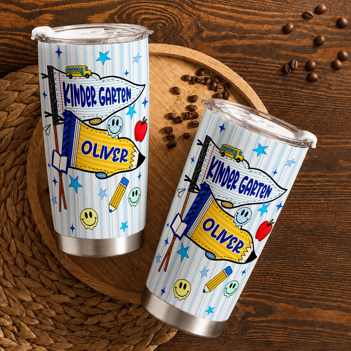 Personalized Back to School Tumbler - Custom Name & Class for Teachers and Students, Striped Blue 20oz Travel Cup