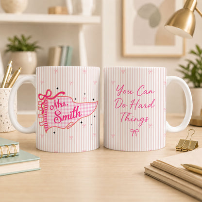 Personalized Teacher Student Coffee Mug with Custom Name, You Can Do Hard Things Mug, Striped Color School Gift, Back to School Cup
