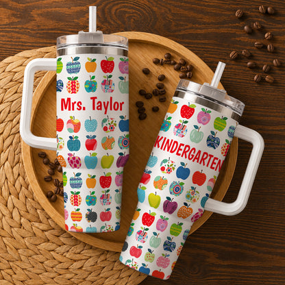 Apple Teacher Tumbler with Handle – Custom Teacher Name & Grade To Go Cup - Back To School Gift for Teachers