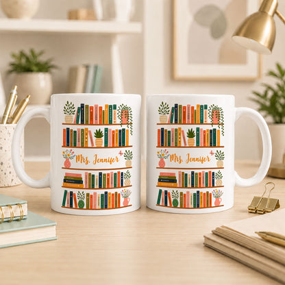 Vintage Floral Bookshelf Mug - Personalized Teacher Mug - Back To School Teacher Gift