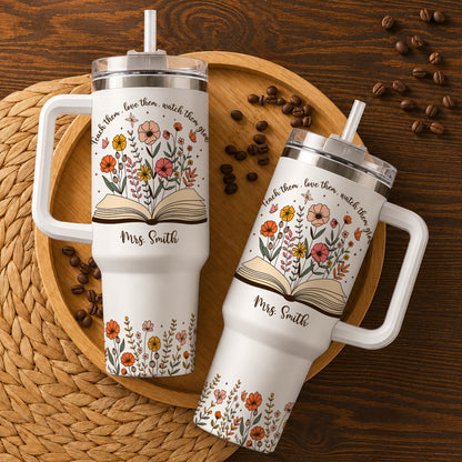 Personalized 40oz Teacher Tumbler with Handle & Straw – Custom Floral Teacher Gift for Back to School, First Day of School & Teacher Appreciation