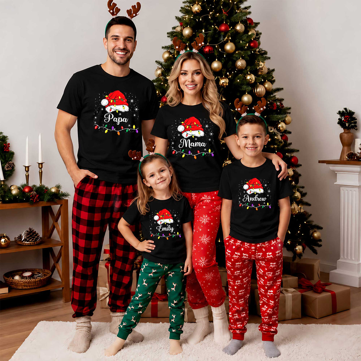 Personalized Family Christmas Shirts, Matching Santa Hat Tees, Custom Name Holiday Gift