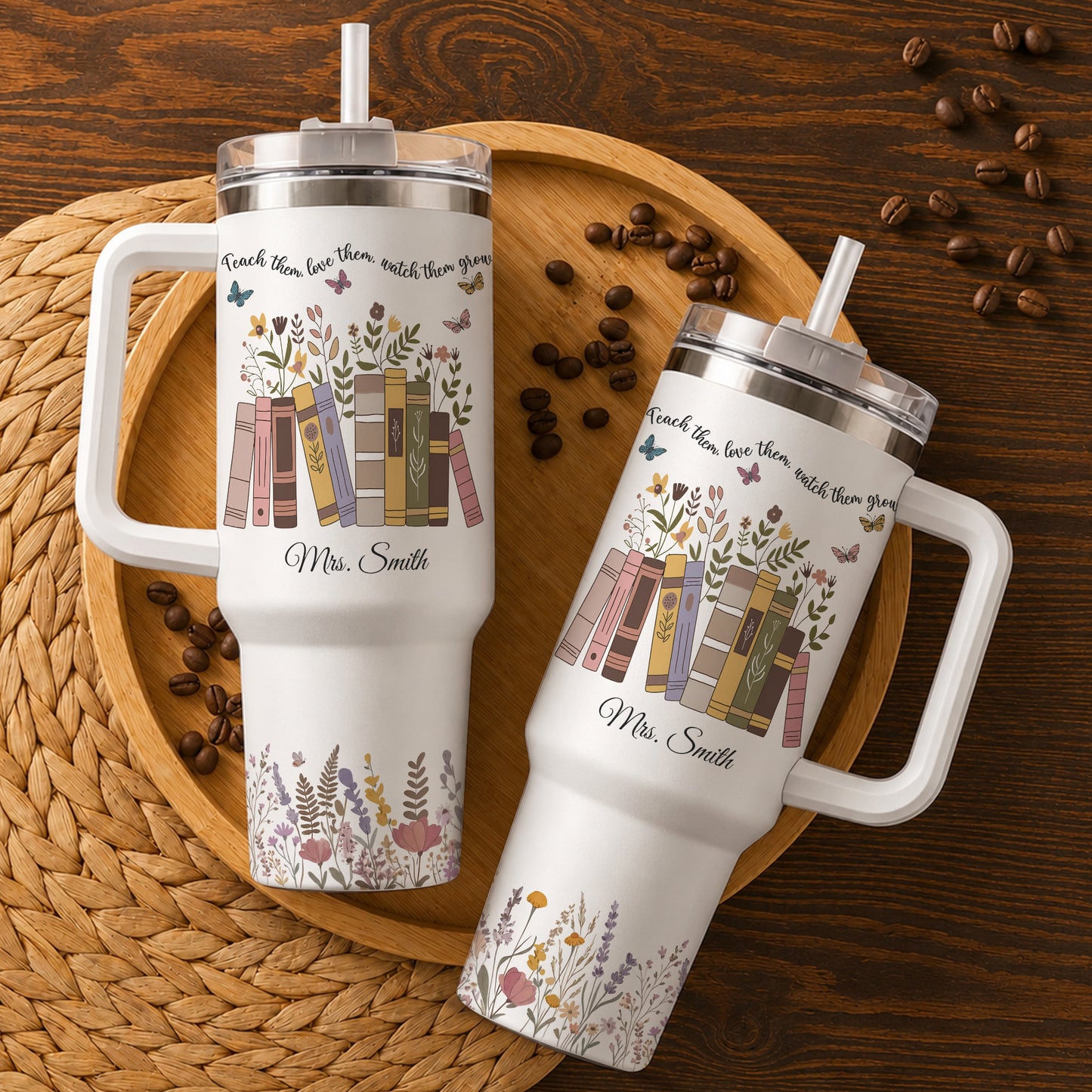 Personalized 40oz Teacher Tumbler with Handle & Straw – Custom Floral Teacher Gift for Back to School, First Day of School & Teacher Appreciation