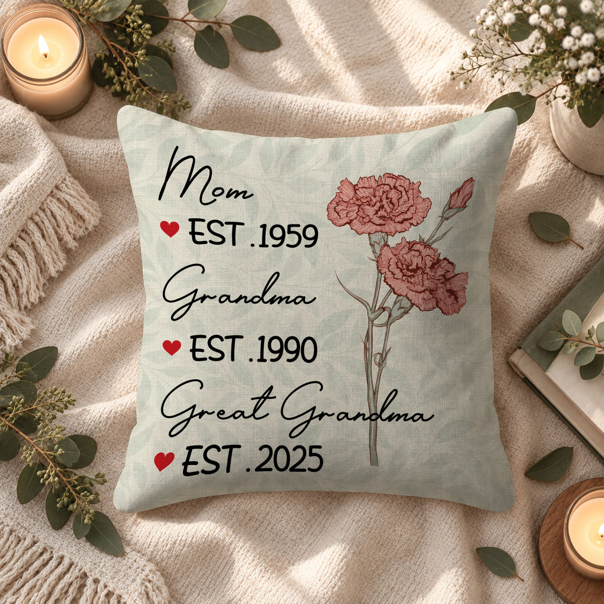 Personalized Floral Pillow - Mom Grandma Great Grandma Est. Year Pillow - Family Keepsake Gift