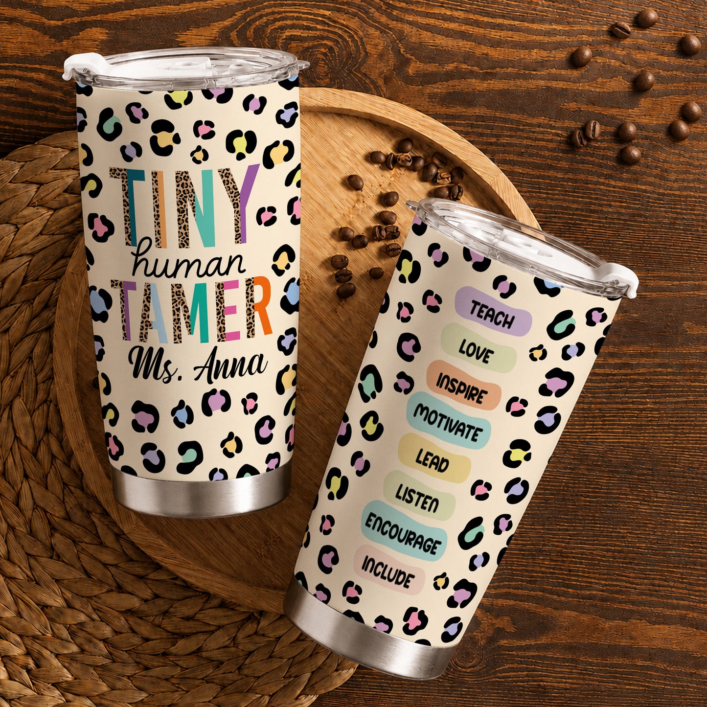 Tiny Human Tamer Teacher Tumbler with Handle - Colorful Leopard Print Teacher To Go Cup - Personalized Gift for Teachers