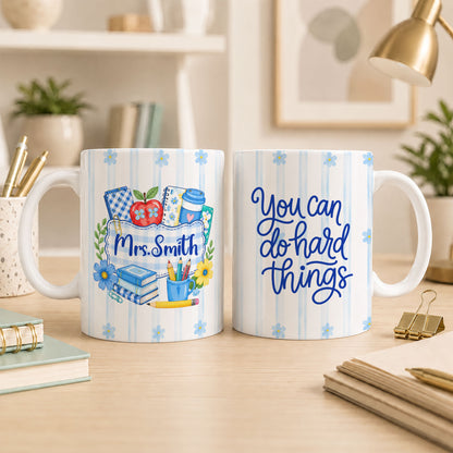 Personalized Teacher Student Coffee Mug with Custom Name, You Can Do Hard Things Mug, Striped Color School Gift, Back to School Cup