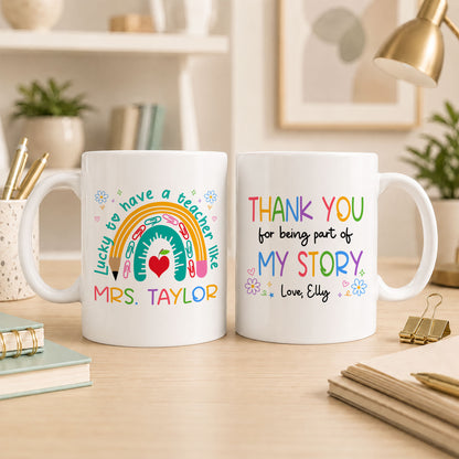 Rainbow Teacher Mug - Custom Teacher & Student Name Coffee Mug - Thank You Teacher Appreciation Gift