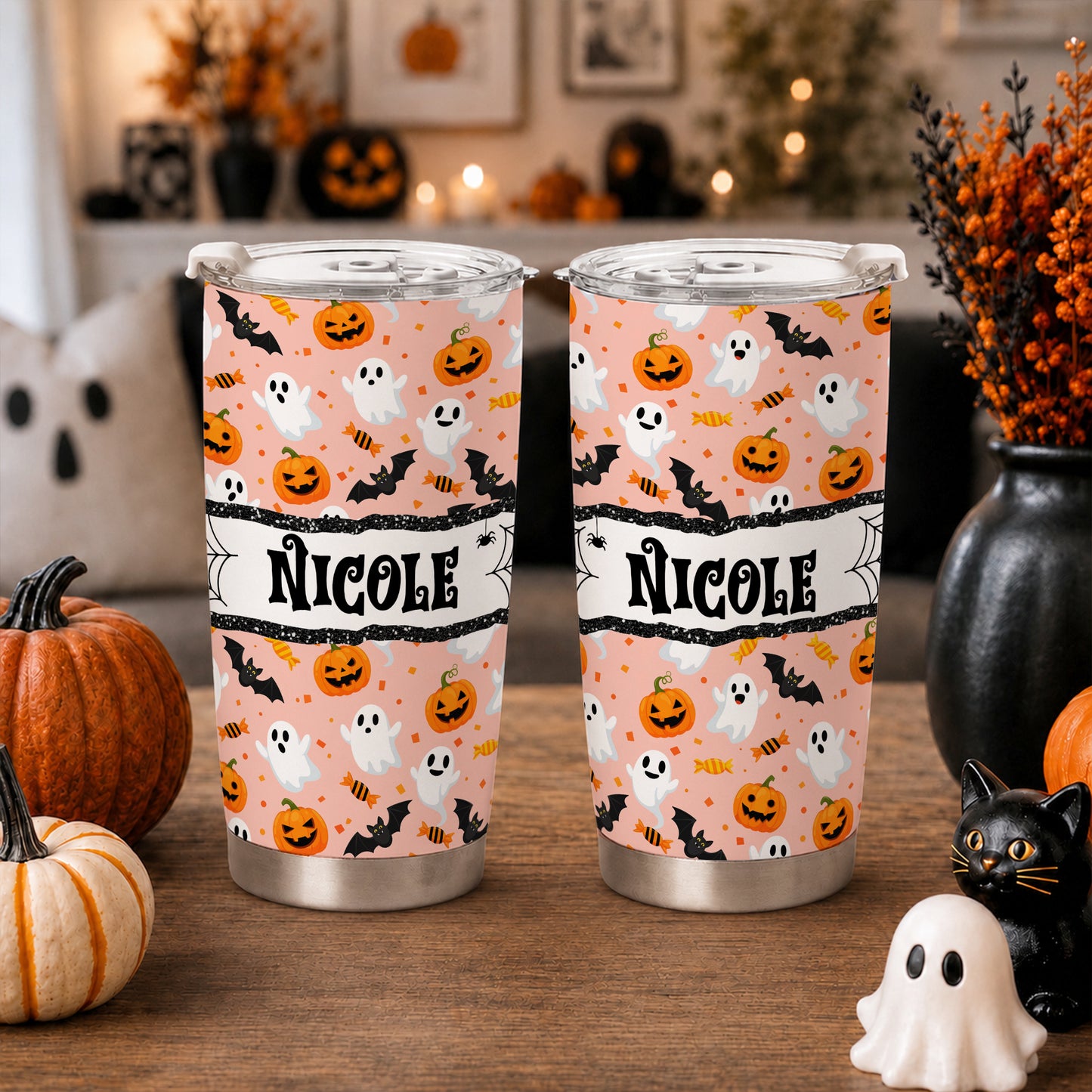 Personalized Halloween Tumbler with Name - Cute Halloween Pattern Tumbler, 20oz Insulated Travel Cup - Custom Fall Gift
