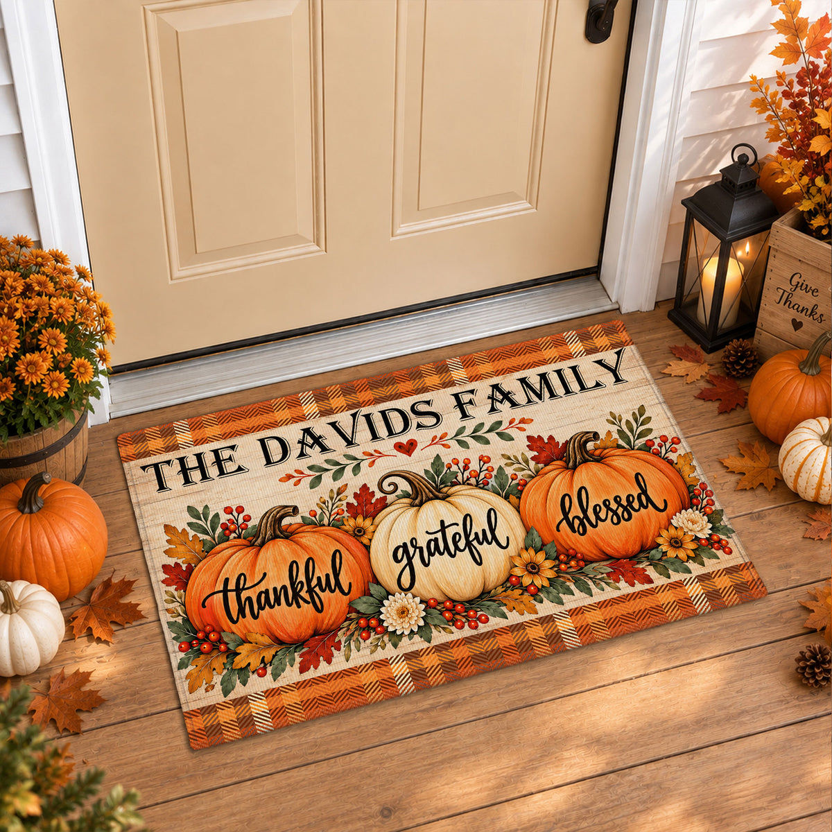 Personalized Thanksgiving Doormat - Thankful Grateful Blessed House Mat - Thanksgiving Home Decor