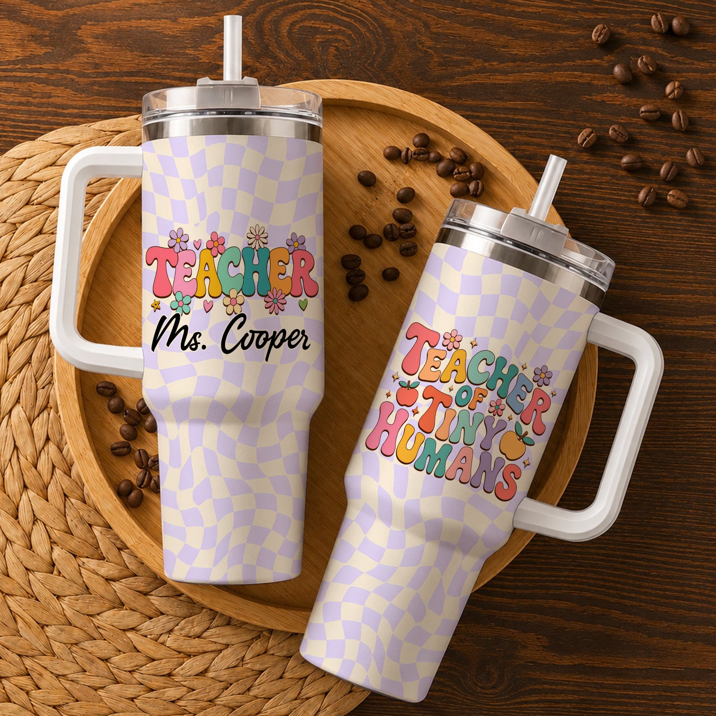 Retro Groovy Teacher Tumbler with Handle - Teacher of Tiny Humans - Personalized Teacher To Go Cup - Retro Gift for Teachers