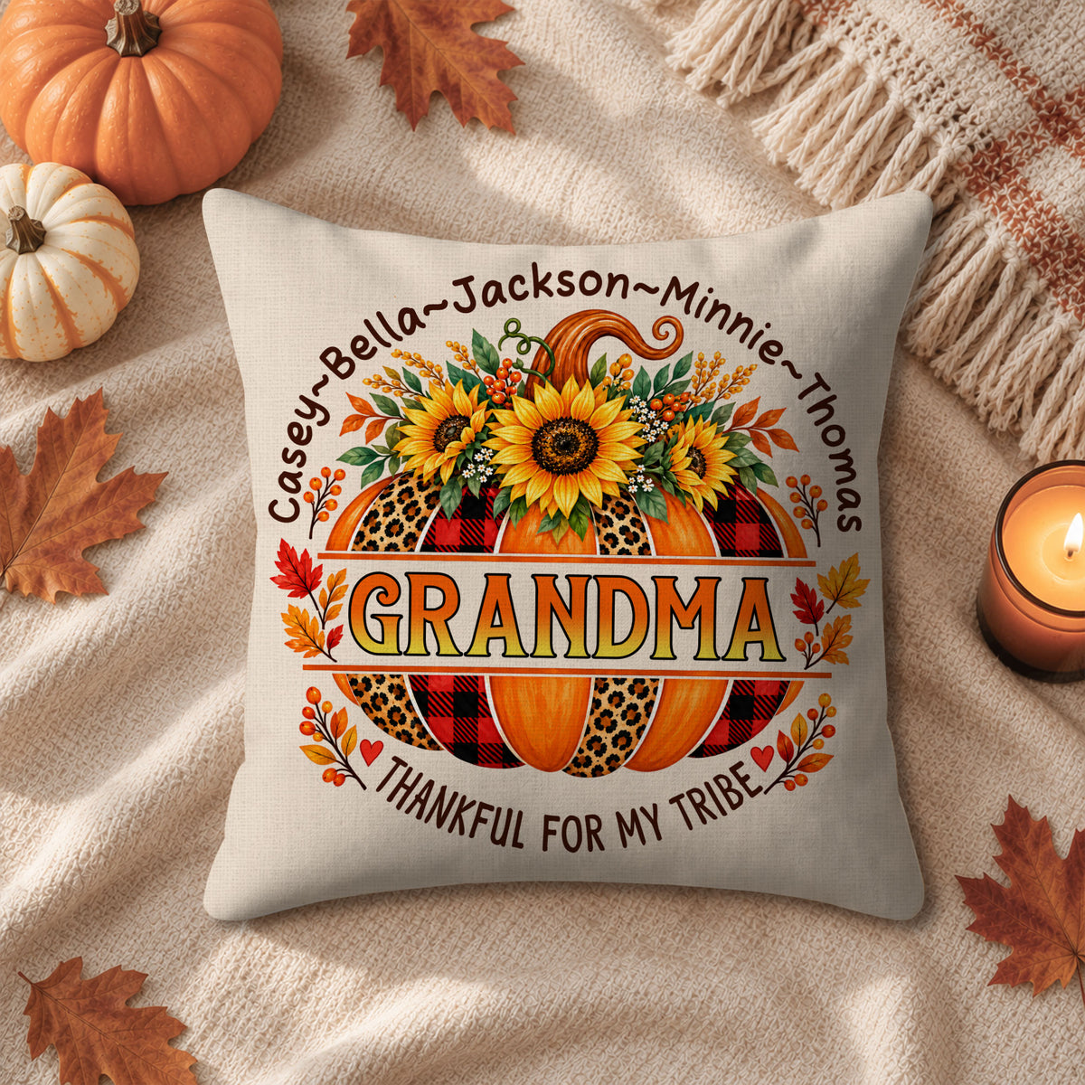 Personalized Thanksgiving Pillow - Thankful for My Tribe - Fall Gift for Grandma, Mom