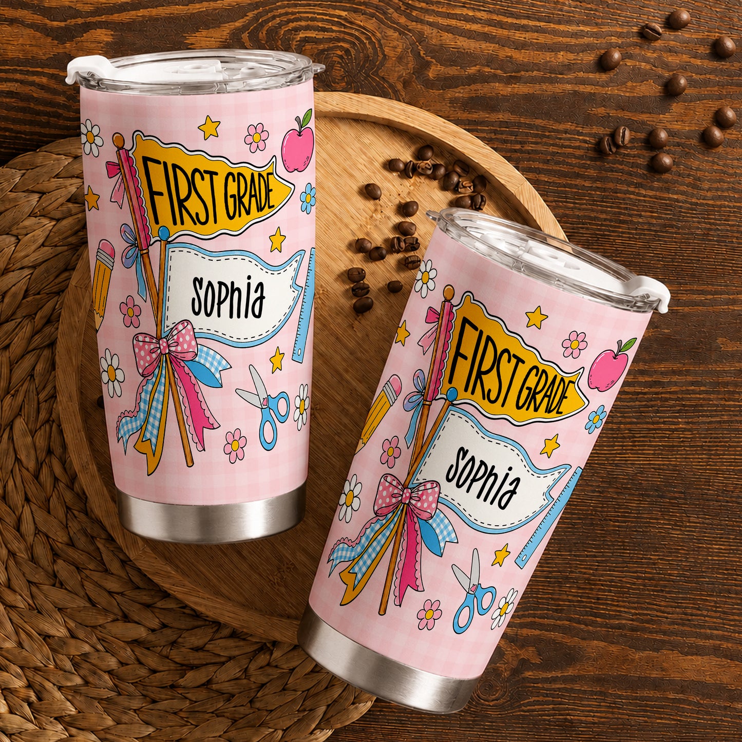 Personalized Back to School Tumbler - Custom Name & Class for Teachers and Students, Pastel Bow 20oz Travel Cup