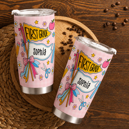 Personalized Back to School Tumbler - Custom Name & Class for Teachers and Students, Pastel Bow 20oz Travel Cup