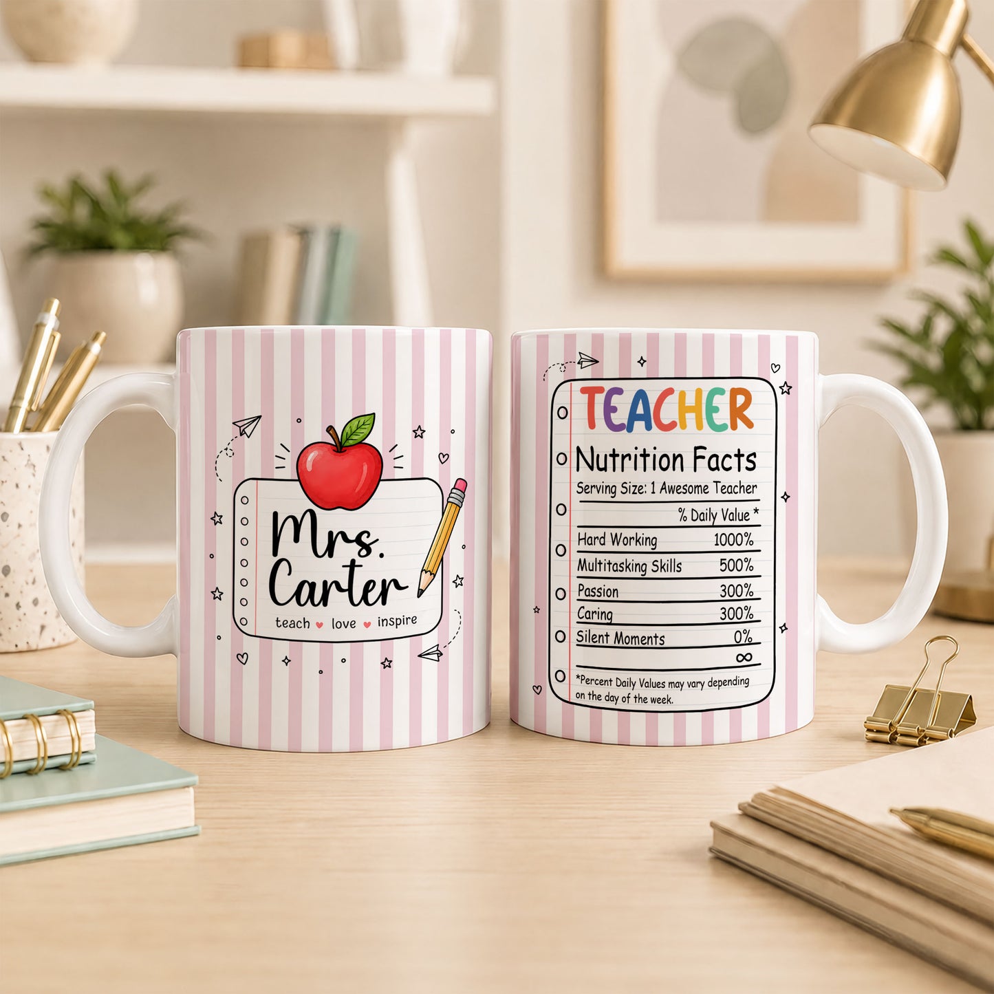 Back To School - Personalized Teacher Mug - Teacher Nutrition Facts - Custom Name Striped Mug, Gift for Teachers