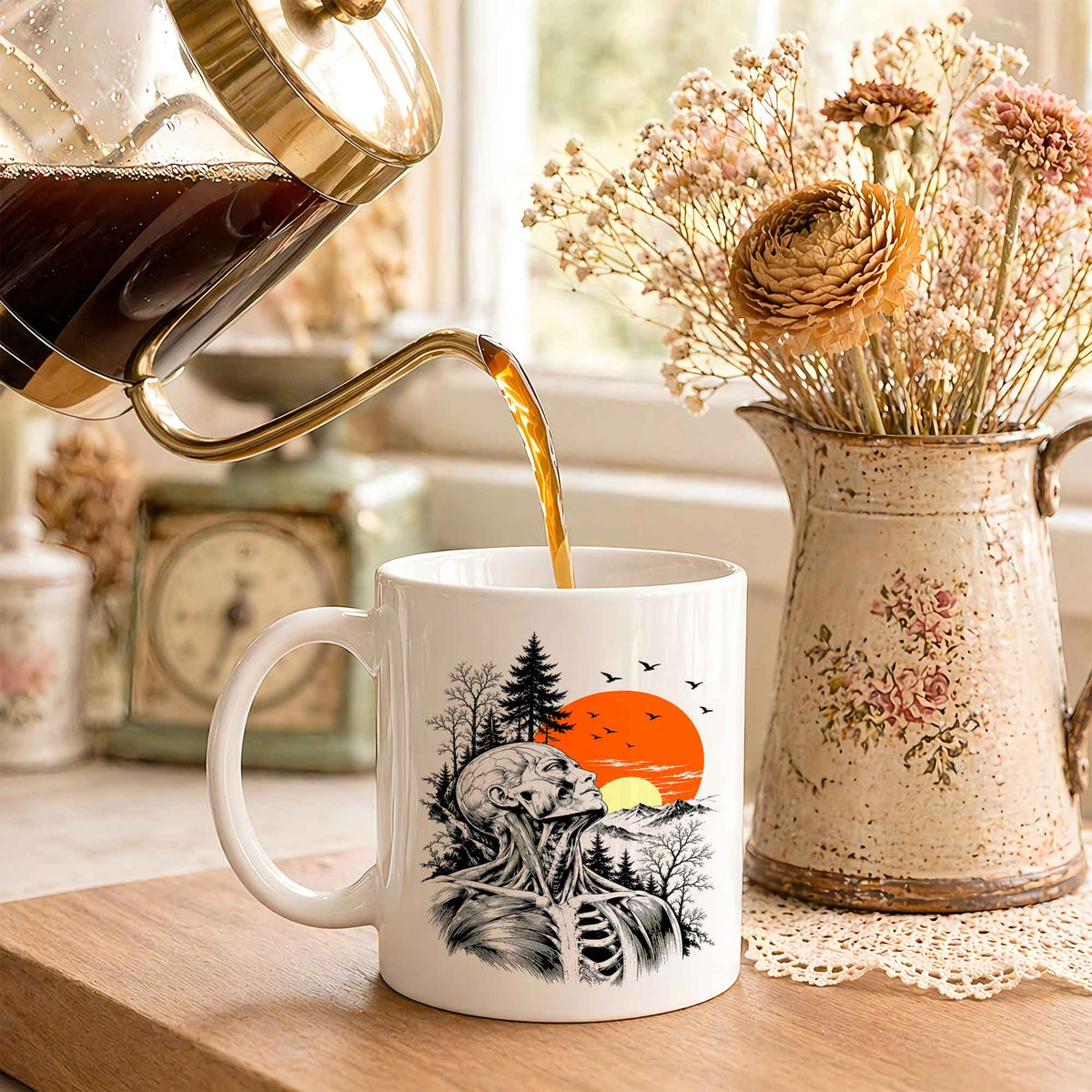 Anatomical Skeleton Sunset Mug, Vintage Mountain Nature Coffee Cup, Gothic Art Gift for Men Women